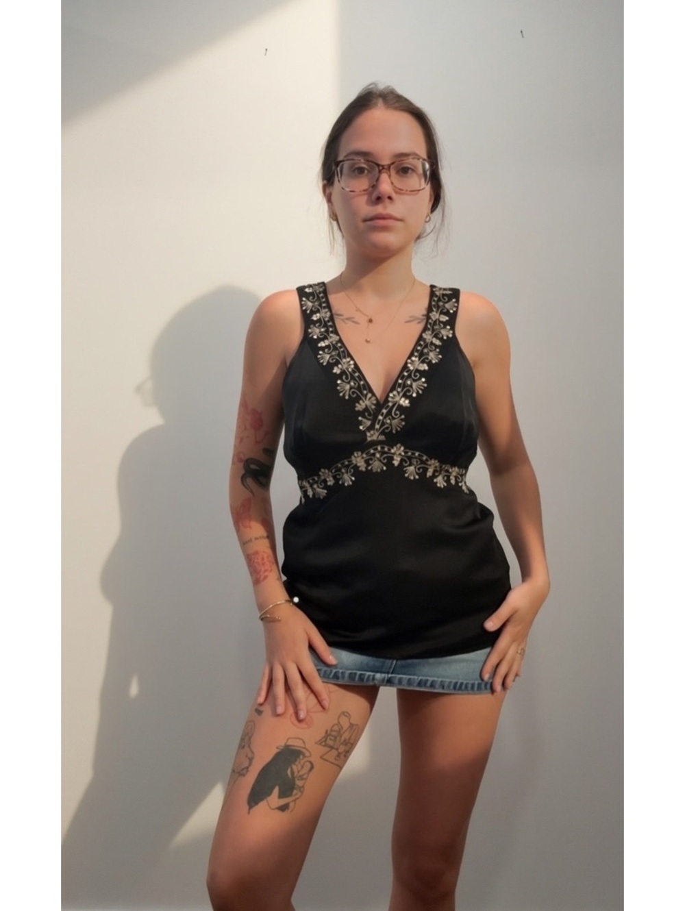 LOFT Black Embellished Y2K Satin Tank Top